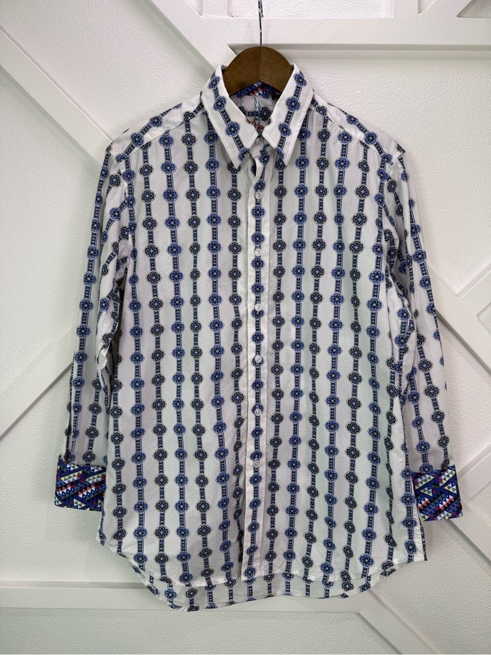 Robert Graham Men’s Small Blue White Geometric Medallion Button Front Shirt